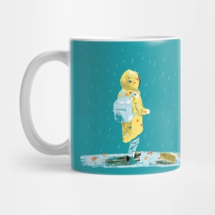 Walking in the rain with a raincoat Mug